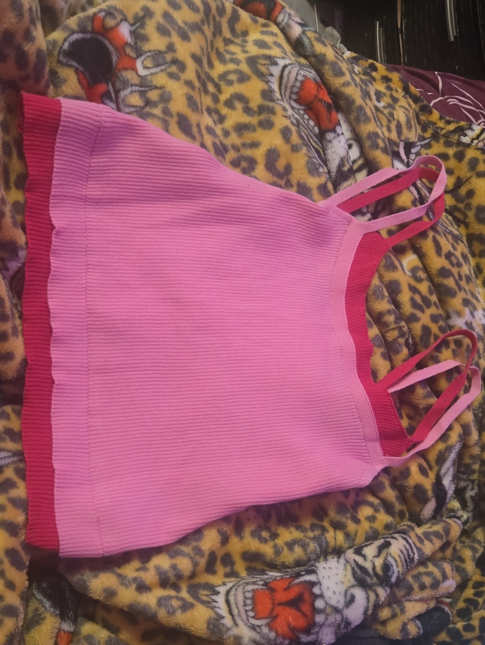 Pink Ribbed Double-Strap Tank Top with Red Trim